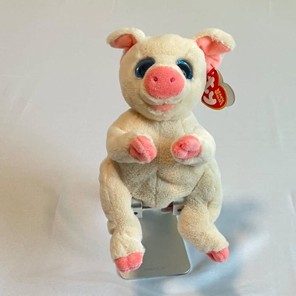 TY Beanie Bellies Penelope Pig Plush 6" Pink Cream Blue Eyes With Tags 41057